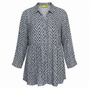 Rock Flower Paper  Shirt Blue Grey Pattern Rayon Button Down Tunic Size L